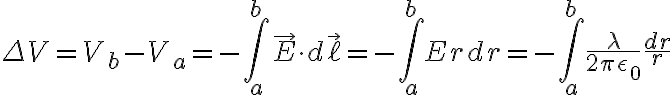 $\Delta V=V_b-V_a=-\int_a^b \vec{E}\cdot d\vec{\ell}=-\int_a^b Erdr=-\int_a^b\frac{\lambda}{2\pi\epsilon_0}\frac{dr}{r}$